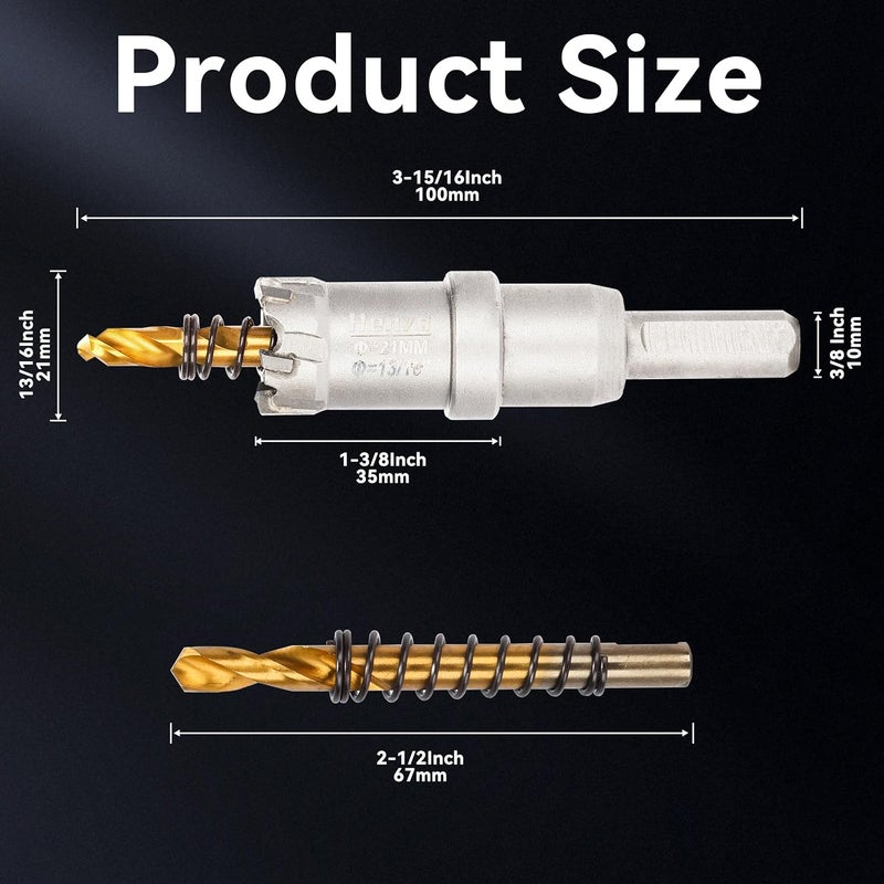 Henvo Hole Saw 13/16" (21mm) Heavy Duty Carbide with 2 Pilot Drill Bits - Metal Hole Cutter Cuts Stainless Steel, Iron, Copper, Brass, Plastic - Image 2